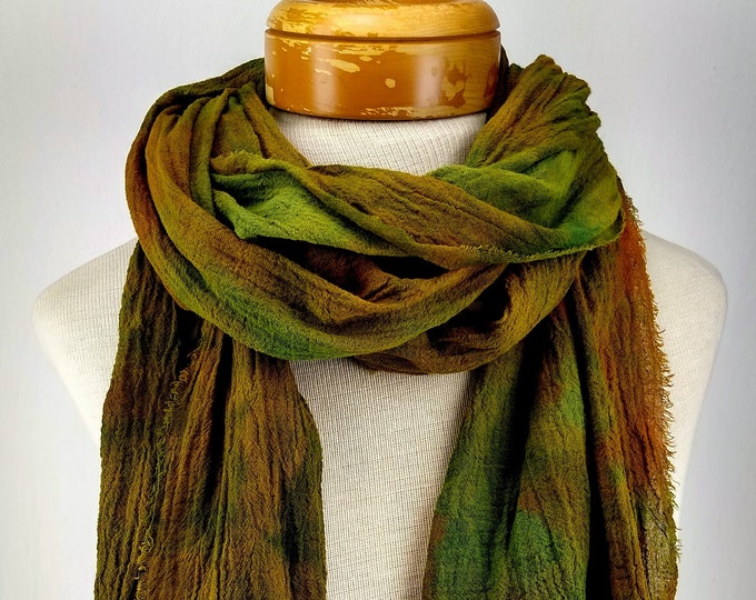 Olive and Ochre Cotton Gauze Scarf, Hand Dyed, Extra Long Cotton