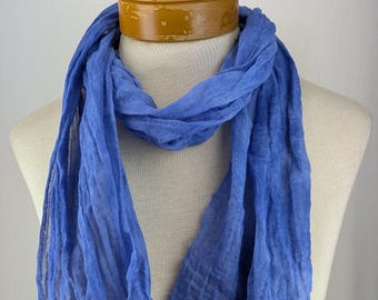 Cornflower Blue 100% Cotton Shorter Gauze Scarf, Hand Dyed in Sheer and Crinkle Gauze 01