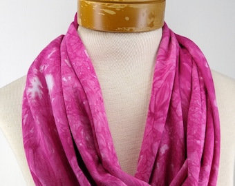 Violet Red with White Hand Dyed Infinity Scarf, Bamboo Cotton Jersey Scarf, Hand Dyed Scarf 062