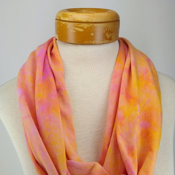 Soft Orange and Pink Infinity Scarf, Bamboo Cotton Jersey Scarf, Hand Dyed Scarf 055