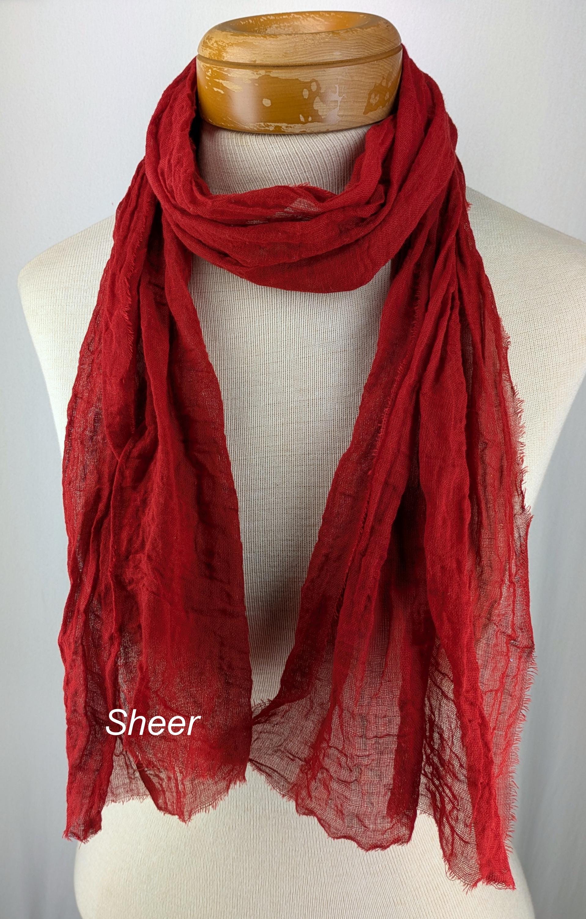 Crimson Red 100% Cotton Shorter Gauze Scarf, Hand Dyed in Sheer and Crinkle Gauze 03