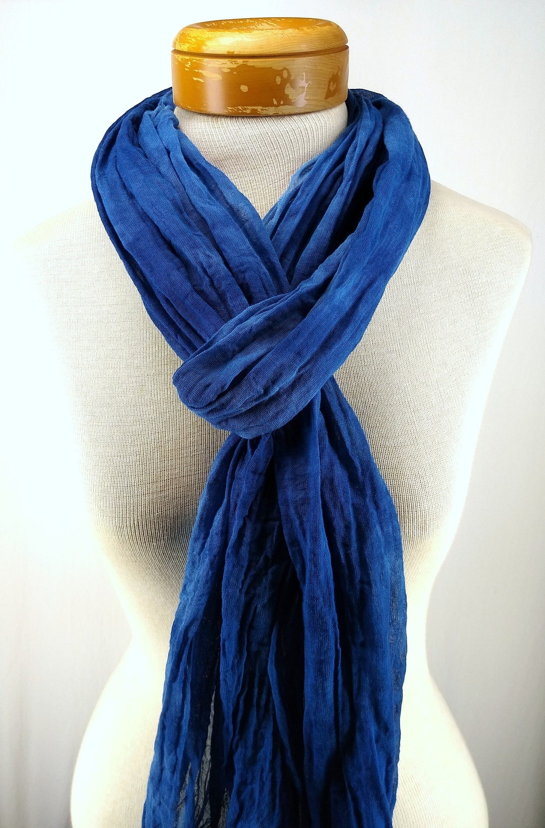 Persian Blue Cotton Gauze Scarf, Long Cotton Scarf, Hand Dyed Scarf