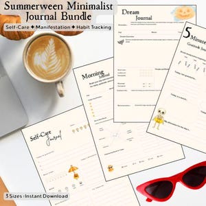 May include: A minimalist journal bundle with the text "Summerween Minimalist Journal Bundle". The bundle includes self-care, manifestation, and habit tracking journals. A cup of coffee and red sunglasses are also in the image.