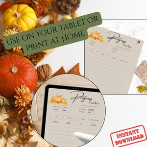 May include: A digital progress tracker with a fox illustration, displayed on a tablet and a printed sheet. The text "USE ON YOUR TABLET OR PRINT AT HOME" is visible. The image includes pumpkins, fall foliage, and a stamp that says "INSTANT DOWNLOAD".