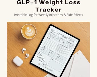 May include: A digital tablet displaying a "Weekly GLP-1 Progress Tracker" log, with sections for injections and side effects. The image also includes a cup of coffee, wireless earbuds, and a charging case, all on a wooden surface.