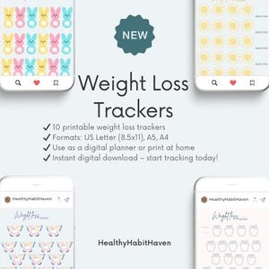 Może przedstawiać: Cyfrowy plik do pobrania 10 drukowanych trackerów utraty wagi. Trackery mają różne wzory, w tym motyle, słońca i jajka wielkanocne. Tekst "Weight Loss Trackers" jest wyświetlany dużą czcionką u góry obrazu. Tekst "HealthyHabitHaven" jest wyświetlany u dołu obrazu.