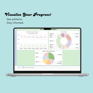 May include: A laptop screen displaying a dashboard with data visualizations. The screen shows graphs for BMI and weight trends, side effects, and injection site distribution. Text at the top reads "Visualize Your Progress!"