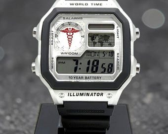 Custom Casio AE-1200 "Medical Profession" - Inspired Mod Watch I World Time Digital Watch I Medical Field EMT, Nurses, Doctors I Fans Gift