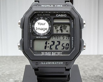 Personalized Custom Casio AE-1200 Watch - Add Your Own Photo Image - World Time Digital Watch I Black Faceplate I Fans & Collectors
