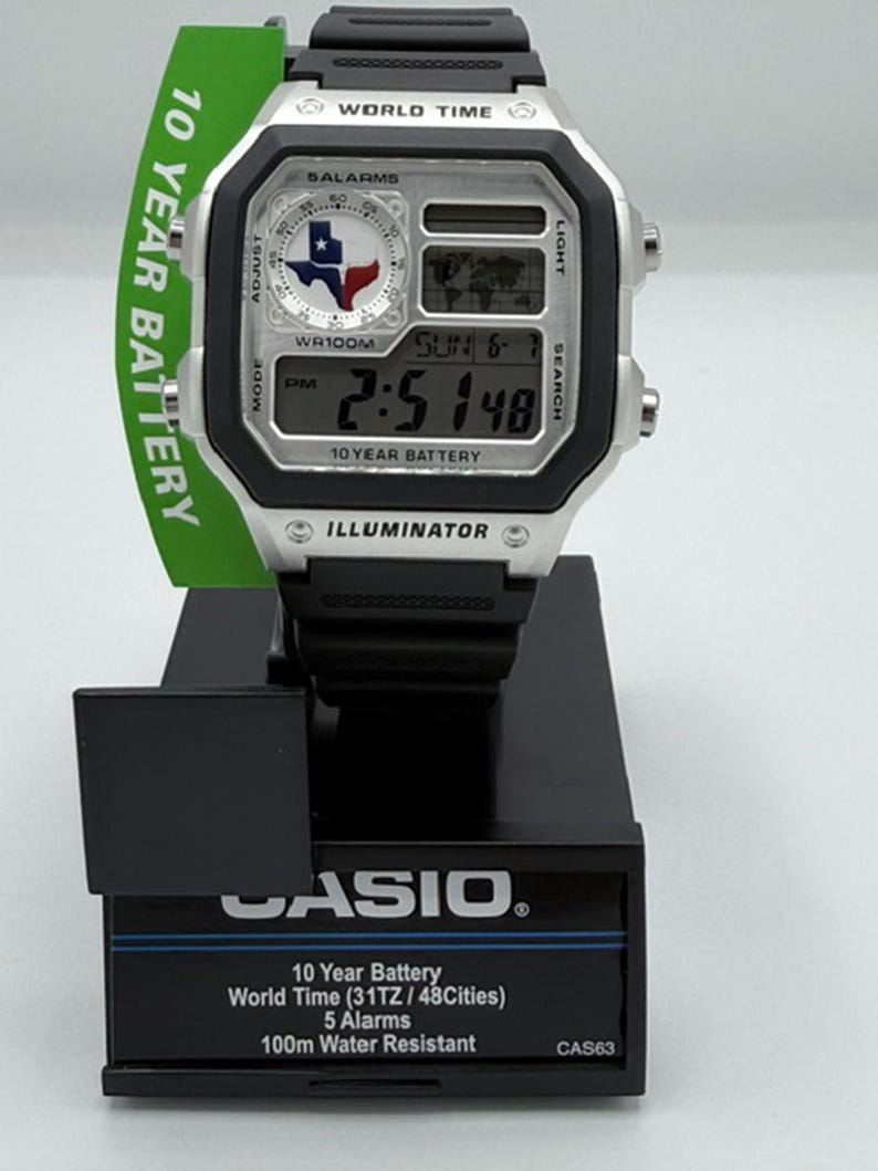 Anpassad Casio AE-1200 "Great State of Texas" - Inspirerad Mod-klocka | Digitalklocka för världstid | Texas Lone Star State Cowboy | Fanpresent bild 2