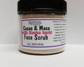 Organic Raw Cacao and Maca Face Scrub, Sacha Inchi, super anti-oxidant all natural face mask, organic face scrub, organic face mask