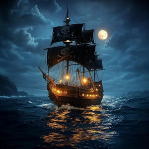 Mystical Pirate Ship Under Full Moon – Stunning Nautical Art Print or Digital Download 12 by 12 inches