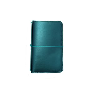 May include: A teal leather notebook cover with an elastic closure.