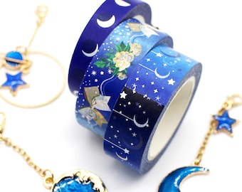 Celestial Washi Tape Set: Handdrawn Moon & Stars, Silver Accents