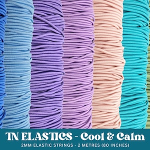 May include: Assortment of 2 mm elastic strings in blue, lavender, pink, turquoise, and green. Each spool contains 2 metres (80 inches) of elastic.
