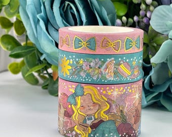 Wonderland Washi Tape Set: Handdrawn Alice in Wonderland, Gold Foil Accents