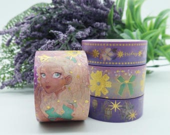 Enchanted Garden Washi Tape Set: Handdrawn Floral Gold Foil Accents