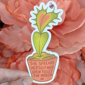 May include: A sticker featuring a cartoon Venus flytrap with a green and orange design, a small fly, and the text "SHE SPREADS HERSELF WIDE OPEN TO LET THE INSECTS IN". The sticker is held against a backdrop of pink petals.