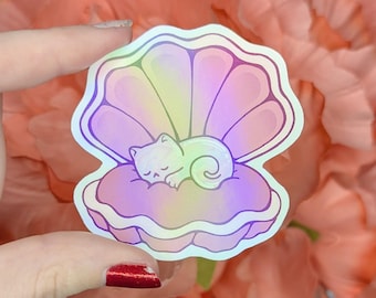 Pearl Cat Sleeping in Clam Holographic Vinyl Sticker