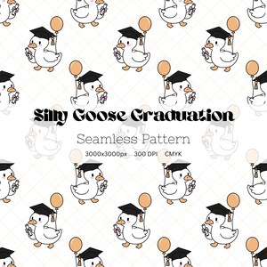 Può includere: Motivo senza cuciture con oche dei cartoni animati che celebrano la laurea. Ogni oca indossa un cappello nero da laurea, tiene in mano un diploma e un palloncino. Il testo "Silly Goose Graduation" è visualizzato.