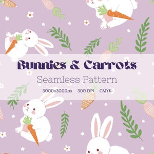 Könnte beinhalten: Ein nahtloses Muster mit weißen Kaninchen, die Karotten auf einem hellvioletten Hintergrund mit grünen Blättern und weißen Blüten halten. Der Text "Bunnies & Carrots Seamless Pattern 3000x3000px 300 DPI CMYK" befindet sich am unteren Rand des Bildes.
