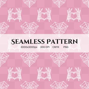 Może przedstawiać: Bezszwowy wzór z białymi szkieletowymi dłońmi tworzącymi serca i pajęczyny na różowym tle. Słowa "SEAMLESS PATTERN" są wyświetlane na obrazie. Projekt ma wymiary 3000x3000px, 300 DPI, CMYK i PNG.