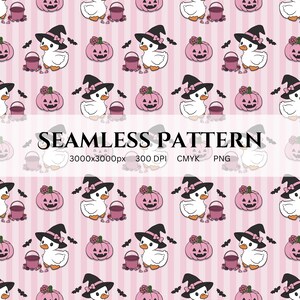 Halloween Silly Goose Seamless Repeating Pattern, Silly Goose in Witch Hat with Candies and Pink Pumpkins, Halloween Seamless Pattern PNG