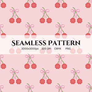 May include: A seamless pattern of red cherries with green stems and pink bows on a pale pink backdrop. The words "SEAMLESS PATTERN" are displayed across the image.