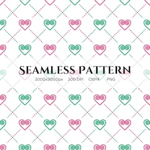 May include: Seamless pattern with pink and green heart shapes with a swirl design on a white background. Hearts are arranged in a grid, connected by dashed lines. The text "SEAMLESS PATTERN" is displayed.