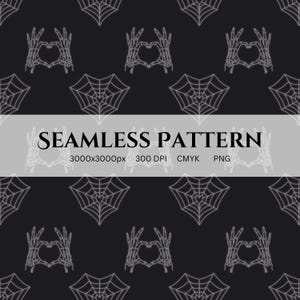 Może przedstawiać: Bezszwowy wzór na czarnym tle z białymi pajęczynami i szkieletowymi dłońmi tworzącymi serca. Tekst "SEAMLESS PATTERN" jest wyświetlany na szarym banerze. Obraz ma wymiary 3000x3000px, 300 DPI, CMYK, PNG.