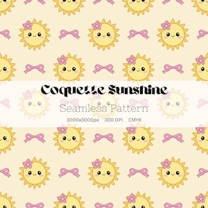 Könnte beinhalten: Nahtloses Muster mit lächelnden gelben Sonnen, rosa Blumenakzenten und Schleifen auf hellgelbem Hintergrund. Der Text "Coquette Sunshine" ist zu sehen. Das Muster ist 3000x3000px groß.