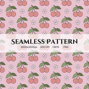 Cute Gingham Cherry Seamless Repeating Pattern, Cherry Gingham All Over Print, Digital Gingham Cherry Pattern, Digital Seamless Fruit Print