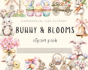 Watercolor Easter Bunny Clipart, Whimsical Spring Boho Easter (Instant Download PNG)