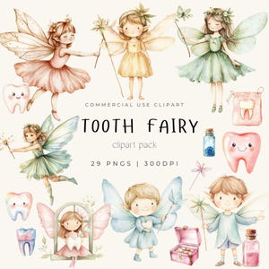 Clipart aquarelle fée des dents, dentiste premières dents PNG, pépinière décor reçu pochette certificat téléchargement bébé fée jardin printemps