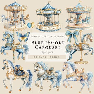 Clipart de carrossel azul e dourado em aquarela, decoração de berçário de pônei de cavalo azul, clipart de carnaval, clipart de conto de fadas azul, download instantâneo PNG
