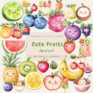 Watercolor Cute Fruits Clipart, Locally Grown Fruit Market Food Garden Strawberry Kawaii Fruit Clipart Instant Download Digital PNG
