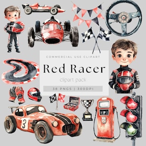 Aquarell Red Racer Clipart, kleiner Rennfahrer Red Racer Kinderzimmer Dekor Baby Shower schnell ein Geburtstag, Baby Boy Vintage Rennauto, PNG