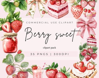 Clipart de fresas en acuarela, lazos, postres, uso comercial (PNG)