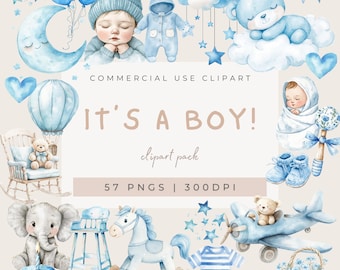 Clipart de baby shower, clipart de acuarela para recién nacidos, clipart de guardería, clipart de bebé niño, clipart de niña, clipart de bebé boho, revelación de género, PNG