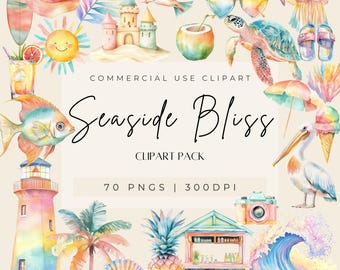 Watercolor Beach Clipart, Summer Ocean PNGs (Digital Download)