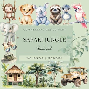 Aquarelle animaux de safari Clipart Safari dans la jungle mignon bébé animal Clipart Baby Shower Clipart Jungle chambre d'enfant Art sauvage un anniversaire PNG