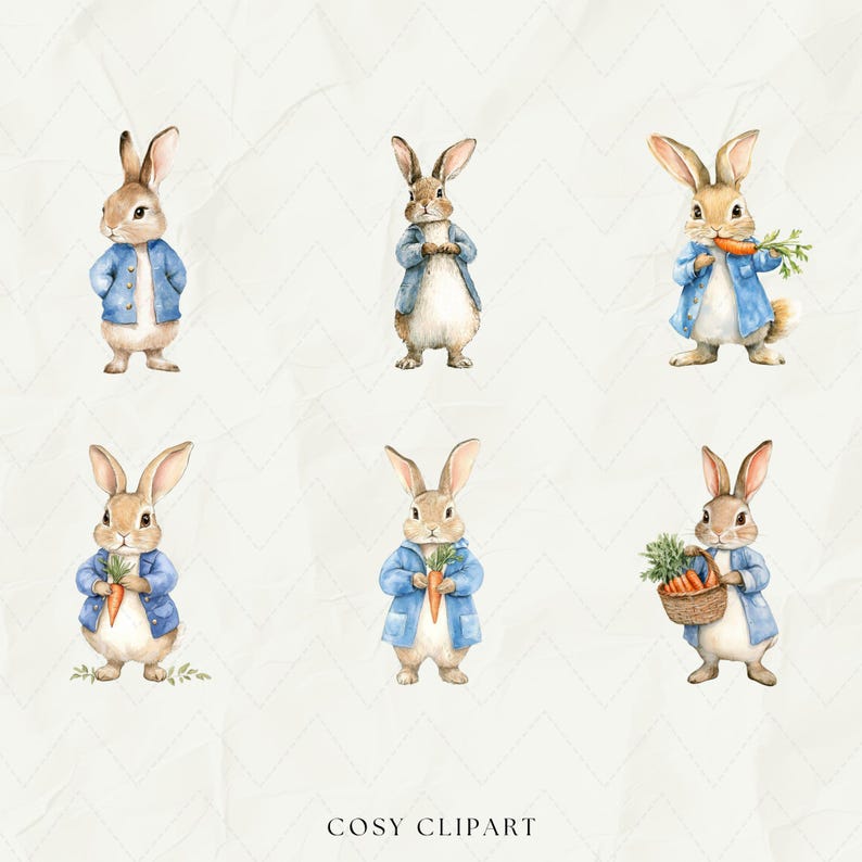 May include: Six watercolor illustrations of brown rabbits wearing blue jackets. The rabbits are holding carrots and one is holding a basket of carrots. The illustrations are on a white background with a subtle pattern.