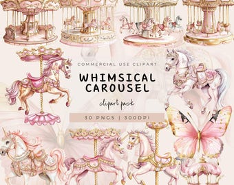 Watercolor Pink Carousel Clipart Whimsical Horse Nursery Decor, Carnival Floral Baby Shower Pastel Birthday Clipart, Instant PNG Download