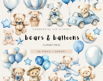 Watercolor Teddy Bear Clipart Bundle, Blue Balloons, Nursery Decor (PNG)