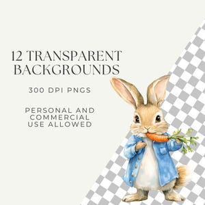 May include: A watercolor illustration of a brown rabbit wearing a blue denim jacket and holding a carrot. The rabbit is standing on a checkered background. The text "12 TRANSPARENT BACKGROUNDS 300 DPI PNGS PERSONAL AND COMMERCIAL USE ALLOWED" is written above the rabbit.