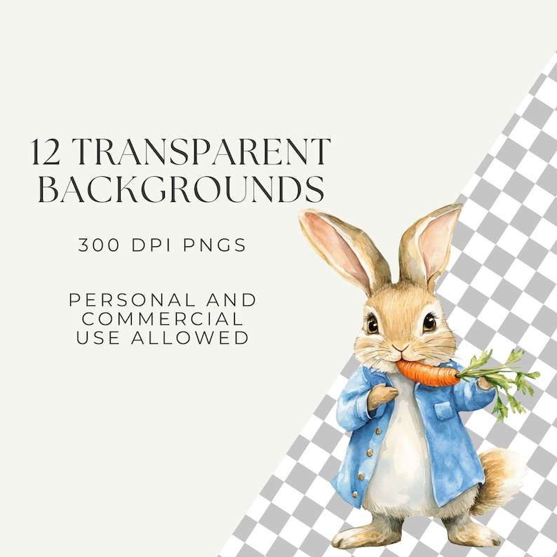 May include: A watercolor illustration of a brown rabbit wearing a blue denim jacket and holding a carrot. The rabbit is standing on a checkered background. The text "12 TRANSPARENT BACKGROUNDS 300 DPI PNGS PERSONAL AND COMMERCIAL USE ALLOWED" is written above the rabbit.
