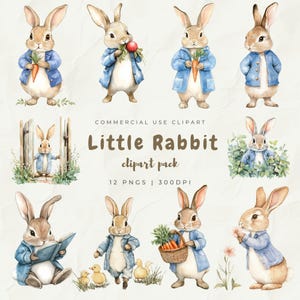 Aquarell kleines Kaninchen Clipart, Peter Kaninchen Beatrix Potter Stil Clipart, niedliche Kaninchen Illustration, Babyparty-Kinderzimmer PNG