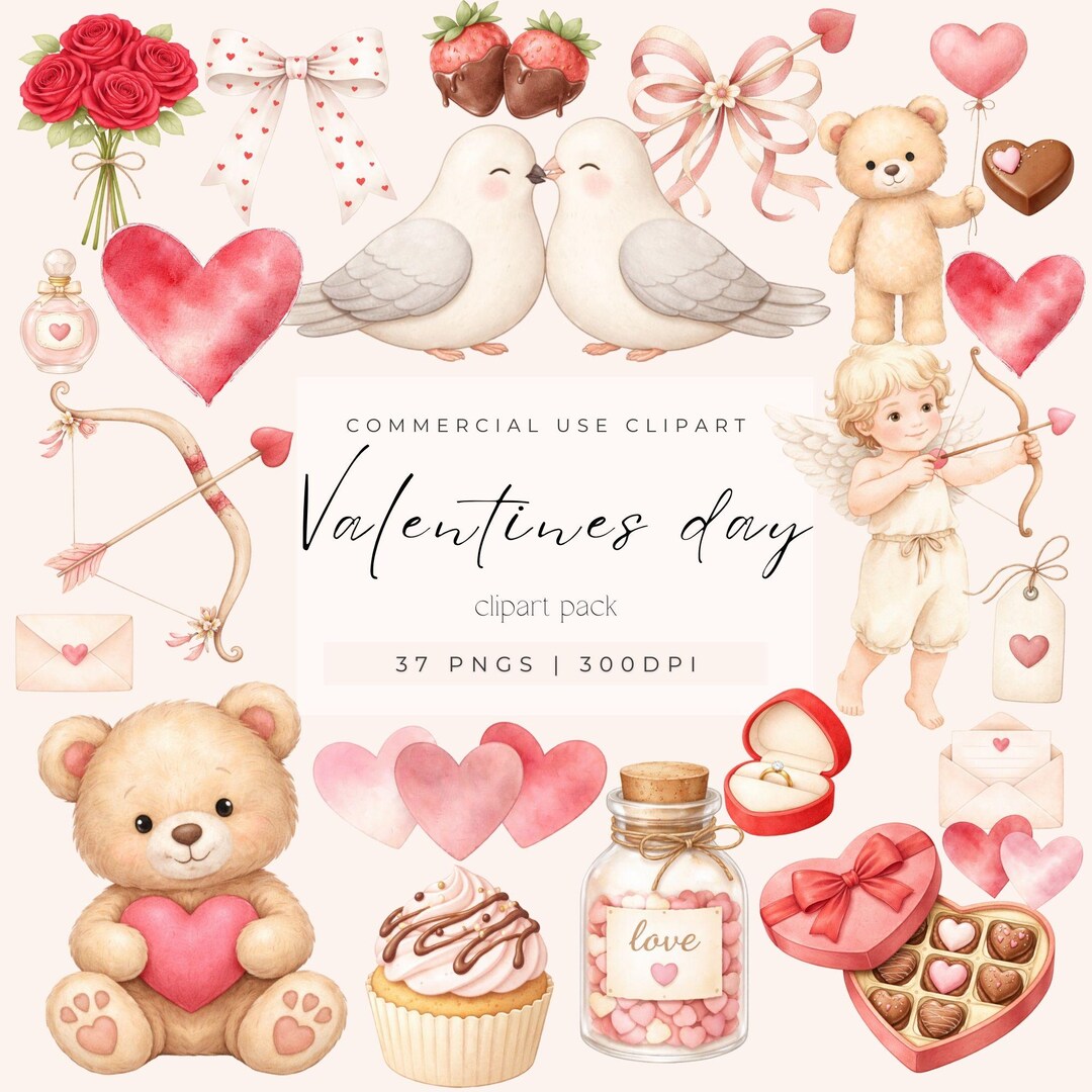 Watercolor Valentines Day Clipart, Teddy Bears, Cupcakes (commercial ...