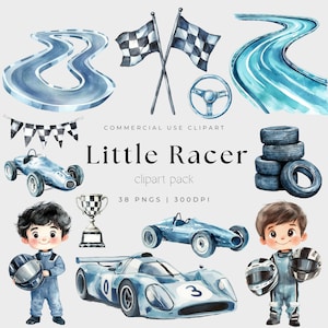 Clipart de pequeño corredor de acuarela, decoración de guardería de coche de carreras azul, baby shower, primer cumpleaños, coche de carreras vintage para bebé niño, descarga instantánea PNG