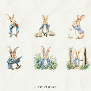May include: A set of six watercolor illustrations featuring cute bunnies in various poses. The bunnies are wearing blue shirts and have brown fur. Some bunnies are holding objects, such as a book or a flower. The illustrations are perfect for adding a touch of whimsy to any project.